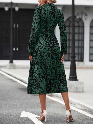 Elegant Random Printed Button-Front Waist-Tied Shirt Dress