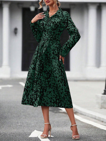 Elegant Random Printed Button-Front Waist-Tied Shirt Dress