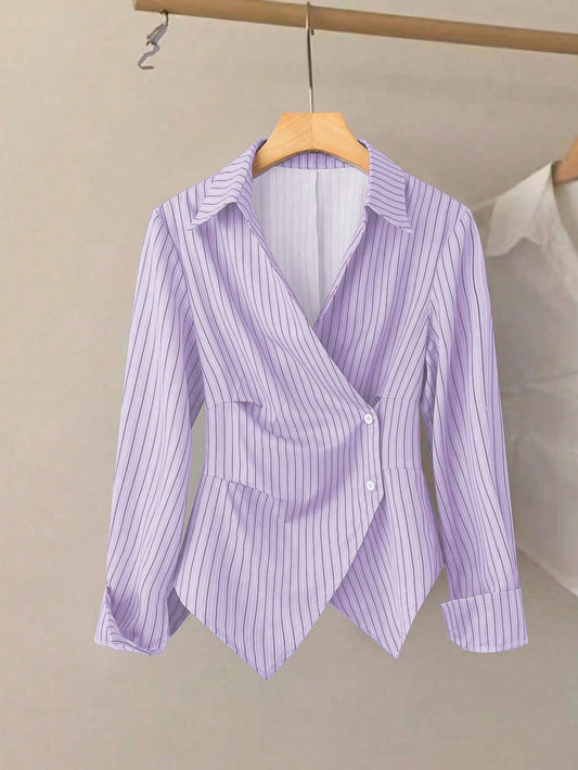 Clasi Turndown Collar Cinched Waist Asymmetrical Striped Elegant Women Blouse