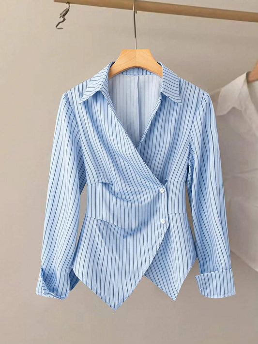 Clasi Turndown Collar Cinched Waist Asymmetrical Striped Elegant Women Blouse