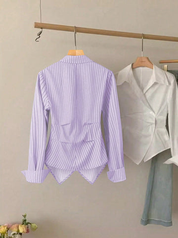 Clasi Turndown Collar Cinched Waist Asymmetrical Striped Elegant Women Blouse