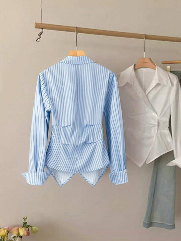 Clasi Turndown Collar Cinched Waist Asymmetrical Striped Elegant Women Blouse
