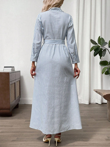 Clasi Elegant Ladies' Shirt Collar Belted Shirt Dress