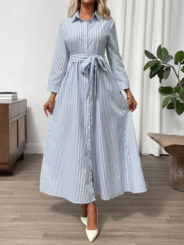 Clasi Elegant Ladies' Shirt Collar Belted Shirt Dress