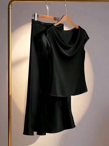 Women Elegant Commuting Solid Color Ruffled Collar Shirt And Skirt