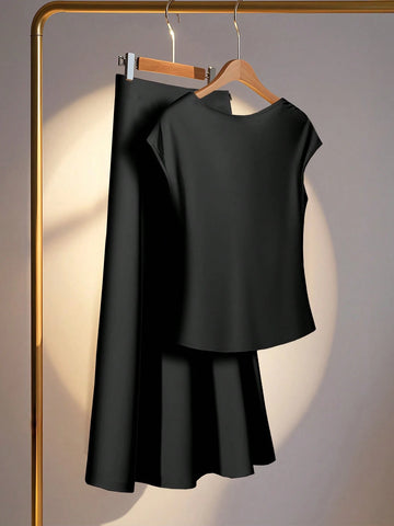 Women Elegant Commuting Solid Color Ruffled Collar Shirt And Skirt