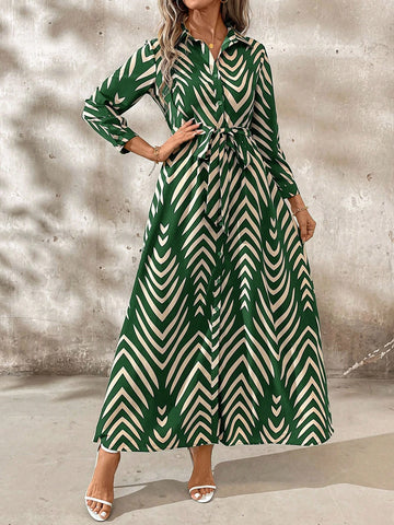 Clasi Elegant Ladies' Shirt Collar Belted Shirt Dress