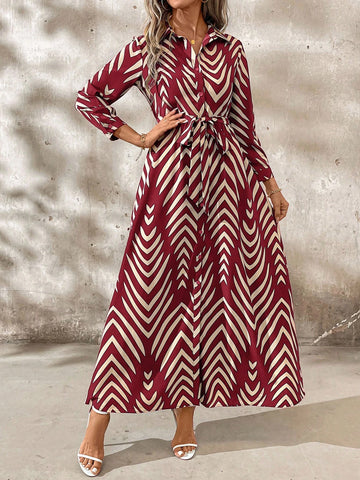 Clasi Elegant Ladies' Shirt Collar Belted Shirt Dress