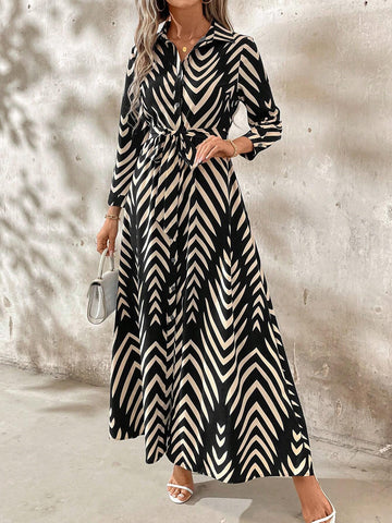 Clasi Elegant Ladies' Shirt Collar Belted Shirt Dress