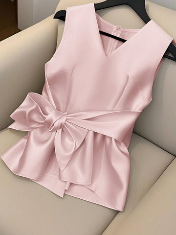 Women's V-Neck Sleeveless Waist Tie Bow Decor Simple Solid Elegant Design Camisole Tank Top