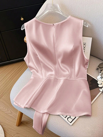 Women's V-Neck Sleeveless Waist Tie Bow Decor Simple Solid Elegant Design Camisole Tank Top