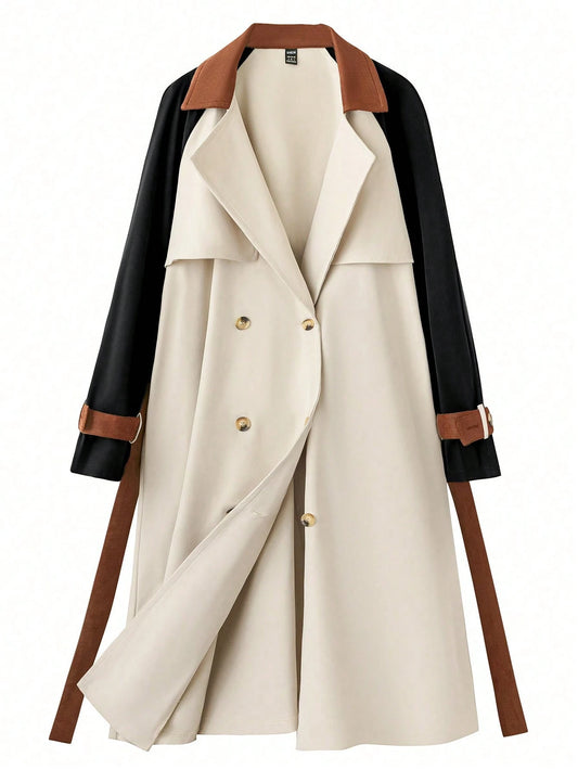 Women's Solid Color Patchwork Front Button Casual Long Sleeve Trench Coat