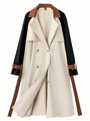 Women's Solid Color Patchwork Front Button Casual Long Sleeve Trench Coat