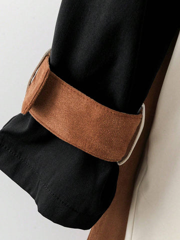 Women's Solid Color Patchwork Front Button Casual Long Sleeve Trench Coat