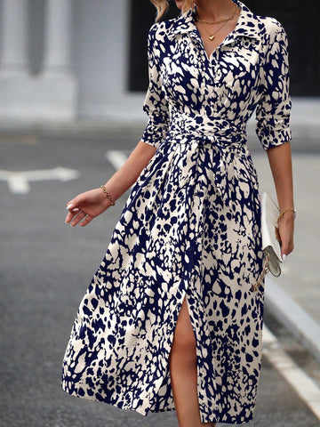 Elegant Random Printed Button-Front Waist-Tied Shirt Dress
