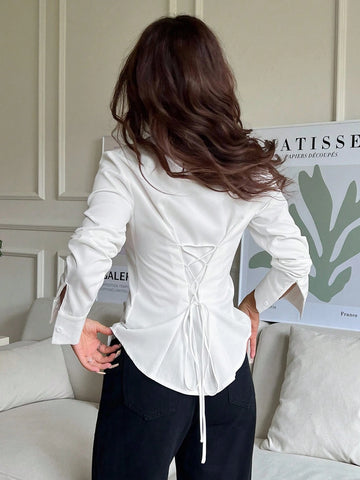 Women's Drawstring Solid Color Long Sleeve Single-Breasted Shirt