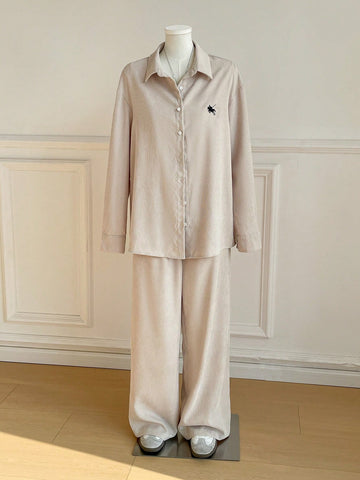 Women's New Striped Embroidered Loose Shirt And Pants Set