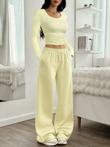 Women Casual Round Neck Long Sleeve Top And Pants Set