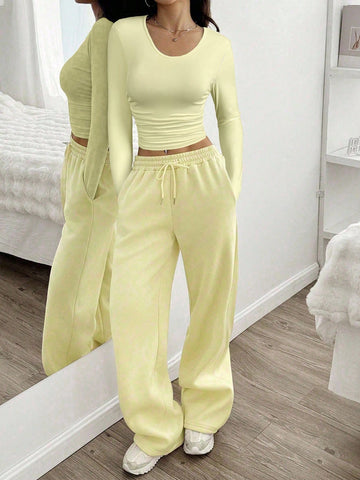 Women Casual Round Neck Long Sleeve Top And Pants Set