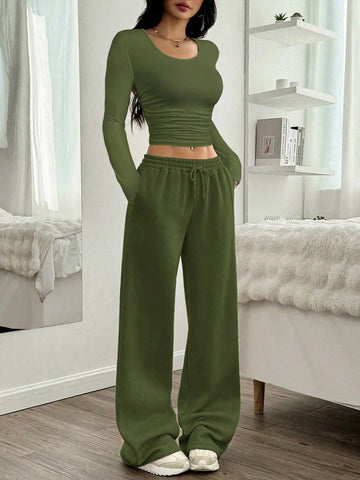 Women Casual Round Neck Long Sleeve Top And Pants Set