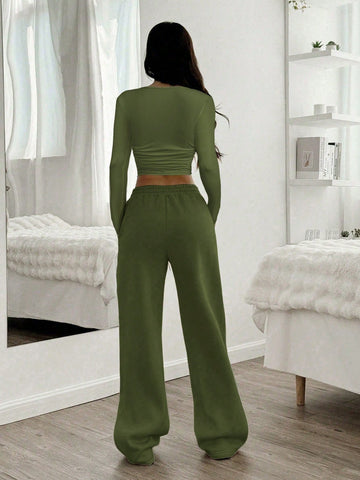 Women Casual Round Neck Long Sleeve Top And Pants Set