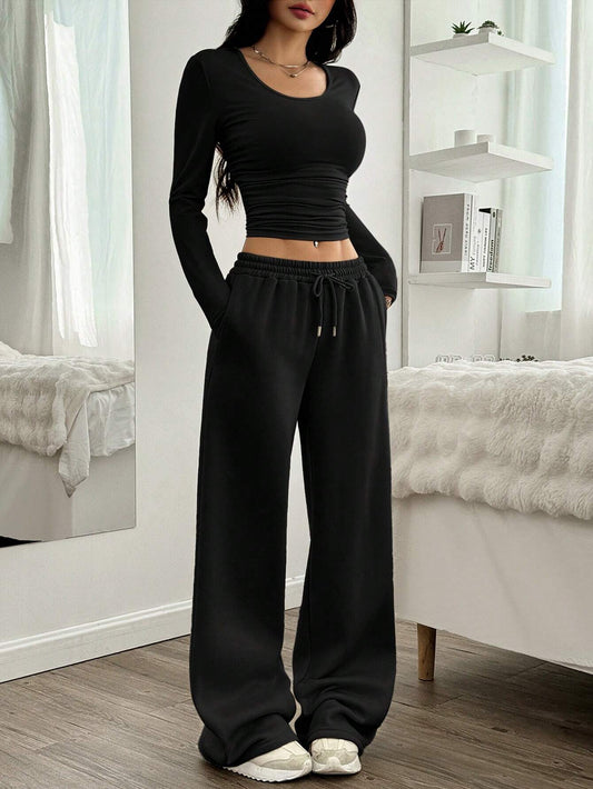 Women Casual Round Neck Long Sleeve Top And Pants Set
