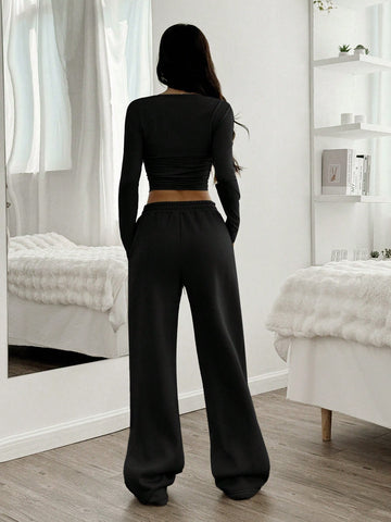 Women Casual Round Neck Long Sleeve Top And Pants Set