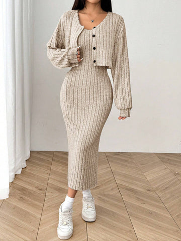 Women's New Autumn Ribbed Knit Drop Shoulder Front Button Jacket And Skinny Mid-Length Dress Set