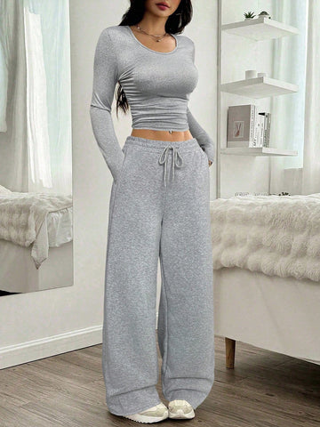 Women Casual Round Neck Long Sleeve Top And Pants Set