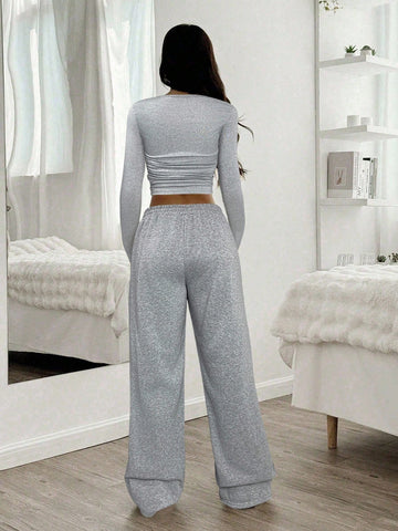Women Casual Round Neck Long Sleeve Top And Pants Set