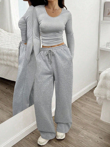 Women Casual Round Neck Long Sleeve Top And Pants Set