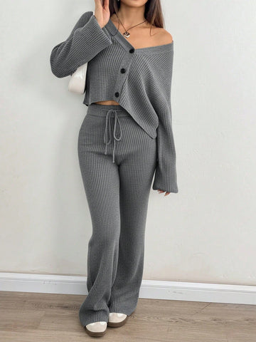 2pcs Women's Casual Solid Wide Strap Cardigan And Drawstring Waist Flare Pants