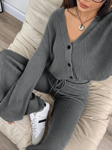 2pcs Women's Casual Solid Wide Strap Cardigan And Drawstring Waist Flare Pants