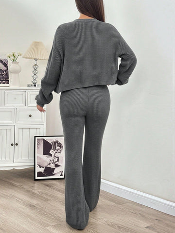 2pcs Women's Casual Solid Wide Strap Cardigan And Drawstring Waist Flare Pants