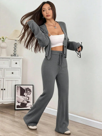 Women's Casual Solid Wide Strap Cardigan And Drawstring Waist Flare Pants