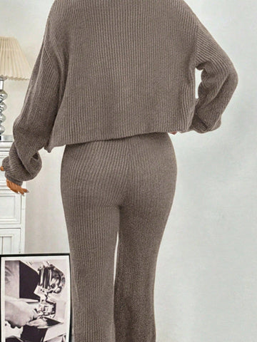 Women's Casual Solid Wide Strap Cardigan And Drawstring Waist Flare Pants