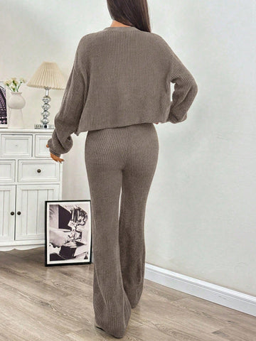 Women's Casual Solid Wide Strap Cardigan And Drawstring Waist Flare Pants