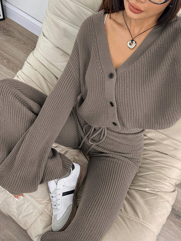Women's Casual Solid Wide Strap Cardigan And Drawstring Waist Flare Pants