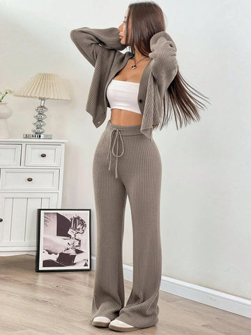2pcs Women's Casual Solid Wide Strap Cardigan And Drawstring Waist Flare Pants