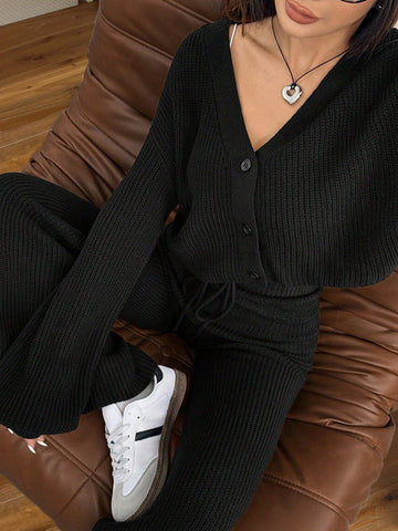 Women's Casual Solid Wide Strap Cardigan And Drawstring Waist Flare Pants