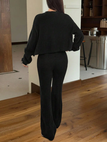 2pcs Women's Casual Solid Wide Strap Cardigan And Drawstring Waist Flare Pants