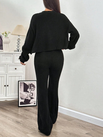 Women's Casual Solid Wide Strap Cardigan And Drawstring Waist Flare Pants