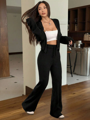 2pcs Women's Casual Solid Wide Strap Cardigan And Drawstring Waist Flare Pants