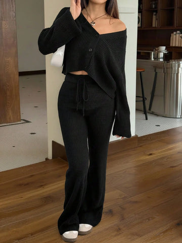 Women's Casual Solid Wide Strap Cardigan And Drawstring Waist Flare Pants