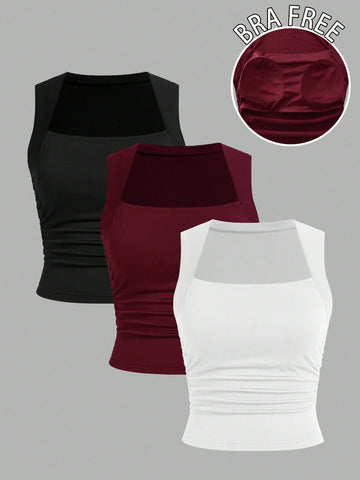EZwear 3pcs/Pack Padded Square Neck Bra-Free Slim-Fit Women's Tank Top