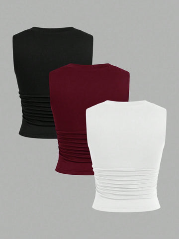 EZwear 3pcs/Pack Padded Square Neck Bra-Free Slim-Fit Women's Tank Top