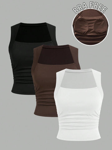 EZwear 3pcs/Pack Padded Square Neck Bra-Free Slim-Fit Women's Tank Top