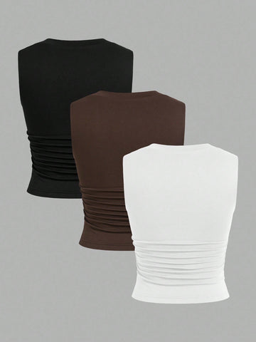 EZwear 3pcs/Pack Padded Square Neck Bra-Free Slim-Fit Women's Tank Top