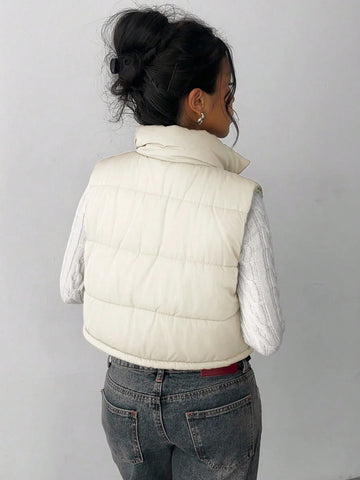Zip Up Double Face Snap Button Corduroy Drawstring Vest Coat
