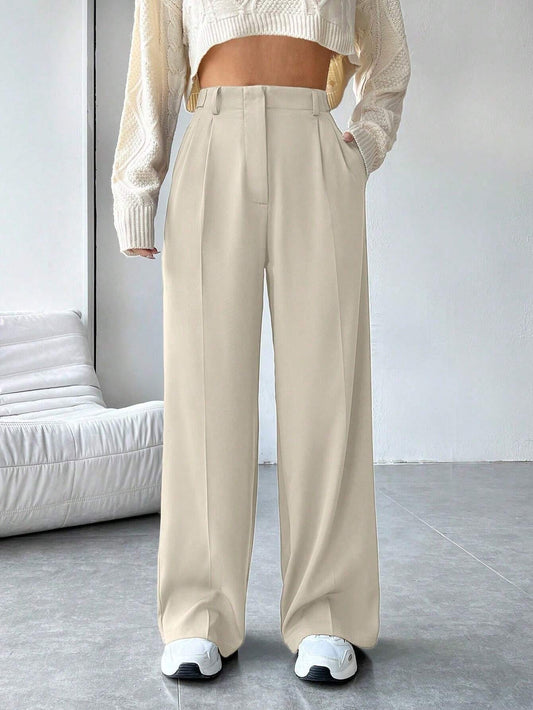 EZwear Solid High Waist Wide Leg Black Suit Pants